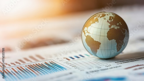 A globe depicting the world, placed on a financial document, symbolizes global market analysis and economic trends.