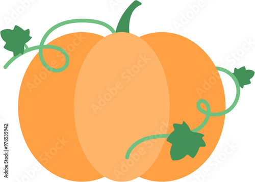 Fresh pumpkin with decorative vines leaves  flat style illustration