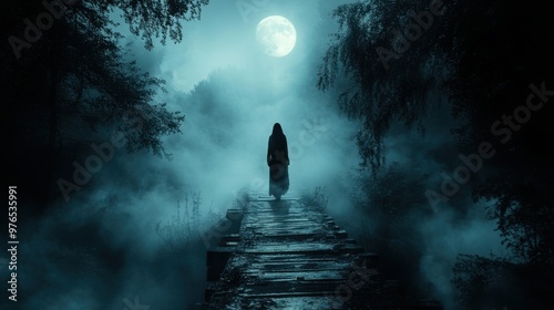 Eerie Ghost on Foggy Bridge under Full Moon in Dark Forest