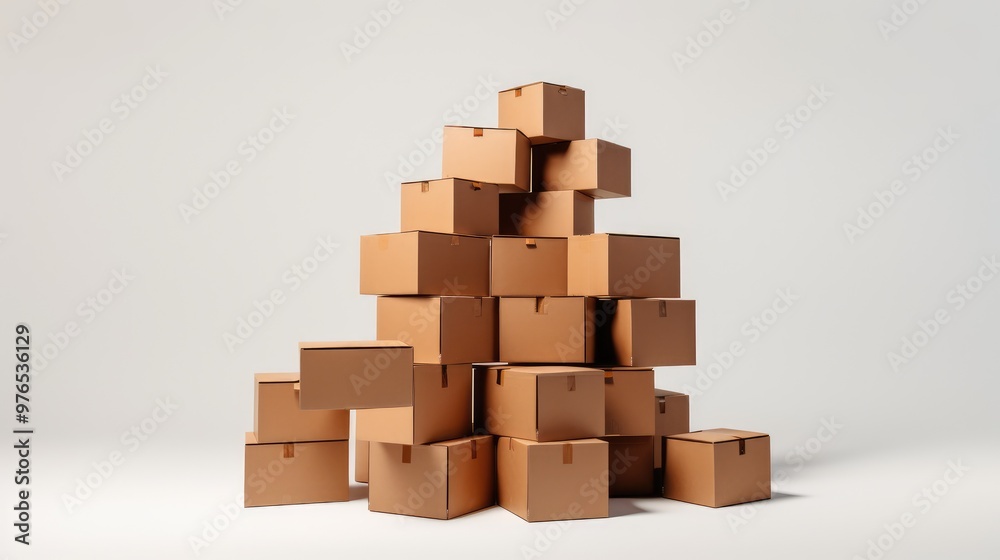 Obraz premium A stack of cardboard boxes on a white background.