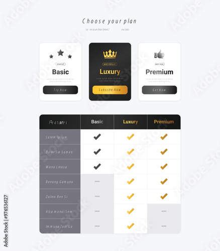 Pricing plan, product table list UI design in clean minimal gradient style.