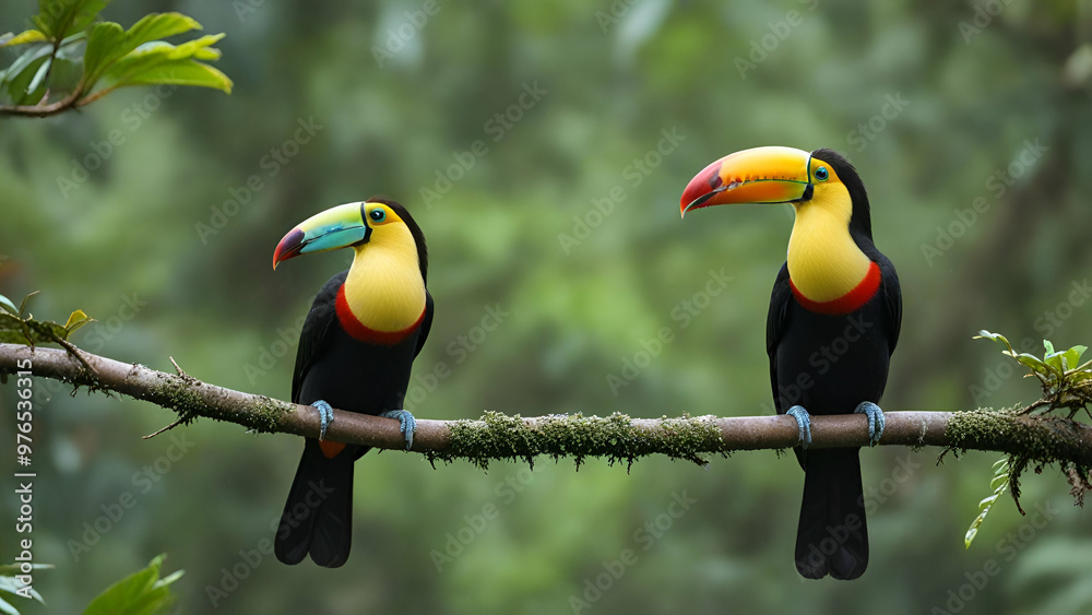 Toucan sitting on the branch in the forest, green vegetation, Costa Rica. Nature travel in central America. Two Keel-billed Toucan, Ramphastos sulfuratus, pair of bird with big bill.forest background, Toucan sitting on the branch in the forest, green vegetation, Costa Rica. Nature travel in central America. Two Keel-billed Toucan, Ramphastos sulfuratus, pair of bird with big bill.forest background,