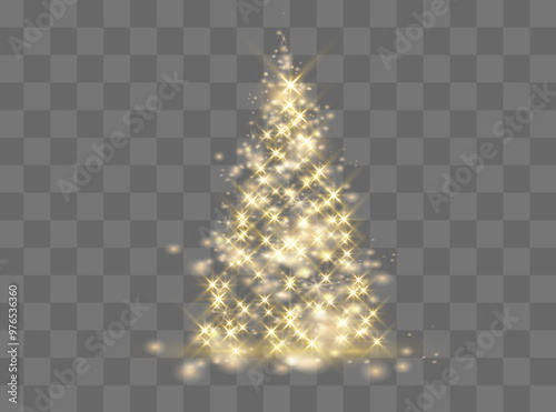Christmas tree on transparent background. Gold Christmas tree as symbol of Happy New Year, Merry Christmas holiday celebration. Golden light decoration. Bright shiny design Vector illustration