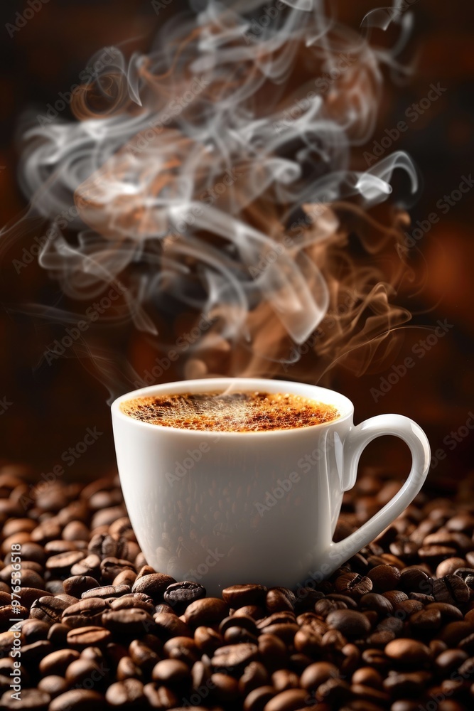 Fototapeta premium The coffee beans on the table and a steaming cup of coffee
