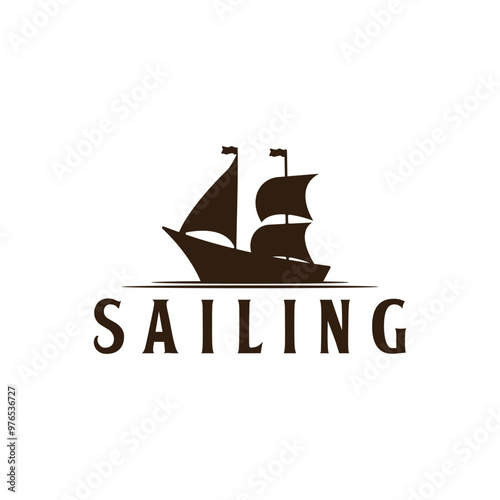 Sailing Vessel Boat on ocean sea waves for vintage nautical illustration label logo design