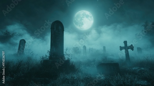 Haunting Scene of Fog-Covered Graveyard with Ghostly Apparition and Weathered Tombstone on Spooky Night