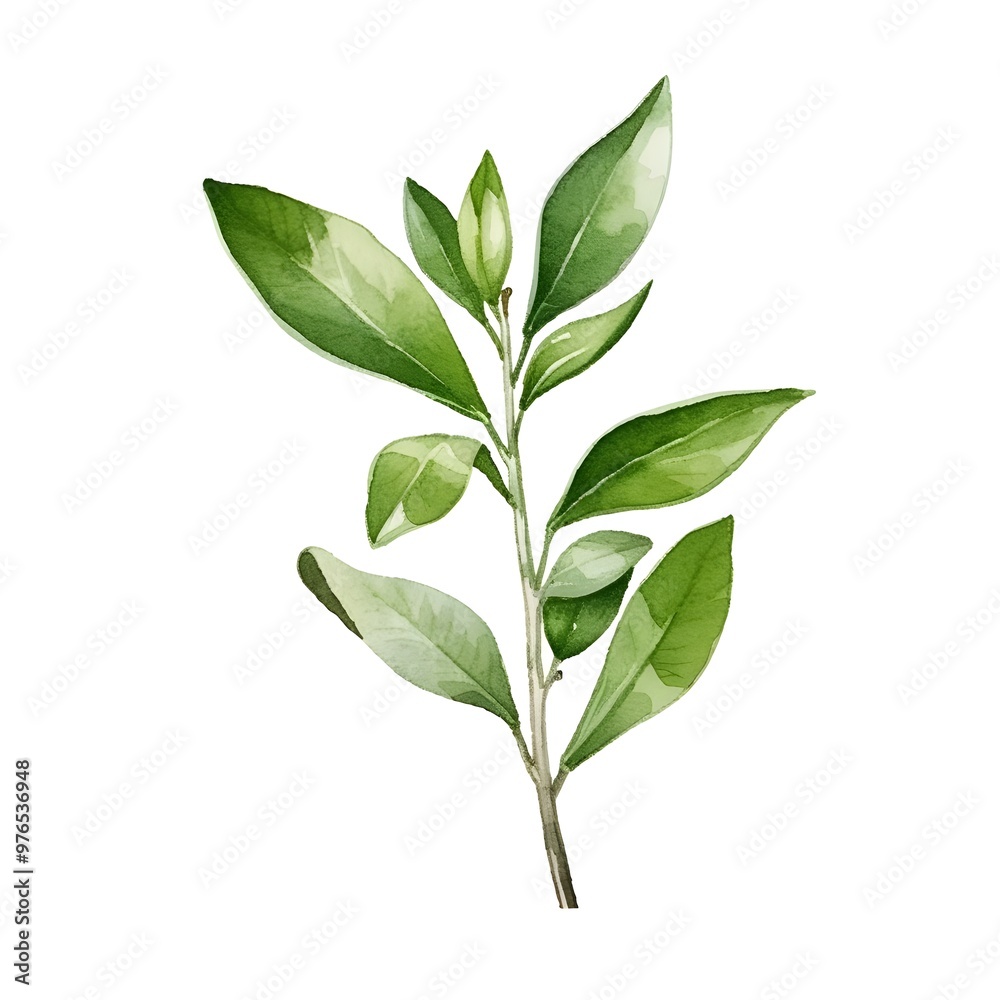 Savory Sprig of Small Green Leaves with Peppery Flavor on White Watercolor Background Savory Sprig of Small Green Leaves with Peppery Flavor on White Watercolor Background
