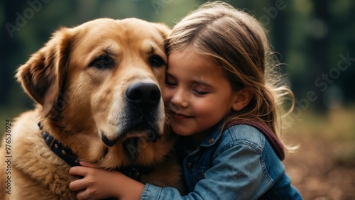 Girl, child hugging a large friendly dog, animal empath