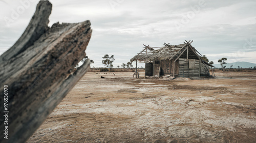 A cinematic shot of a vast, barren landscape with a lot of negative space. In the foreground, there's a weathered wooden beam. The middle ground reveals a dilapidated wooden structure with a thatched 
