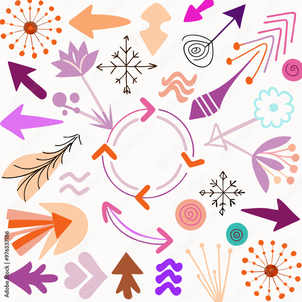 Naklejka premium Abstract pattern with colorful arrows and floral elements on a light background