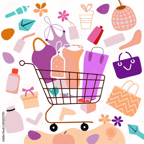 Shopping cart filled with products and colorful items on a white background