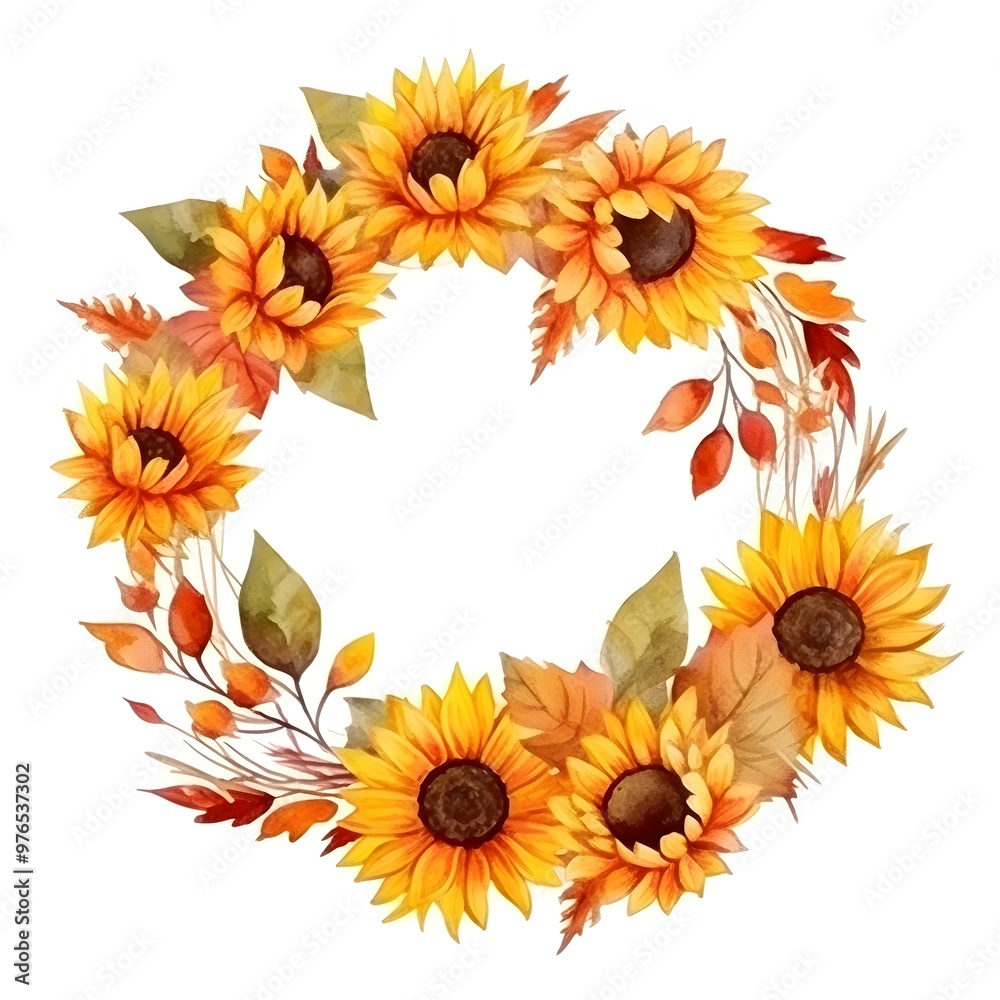 Vibrant Autumn Sunflower Wreath with Golden Leaves and Watercolor Background