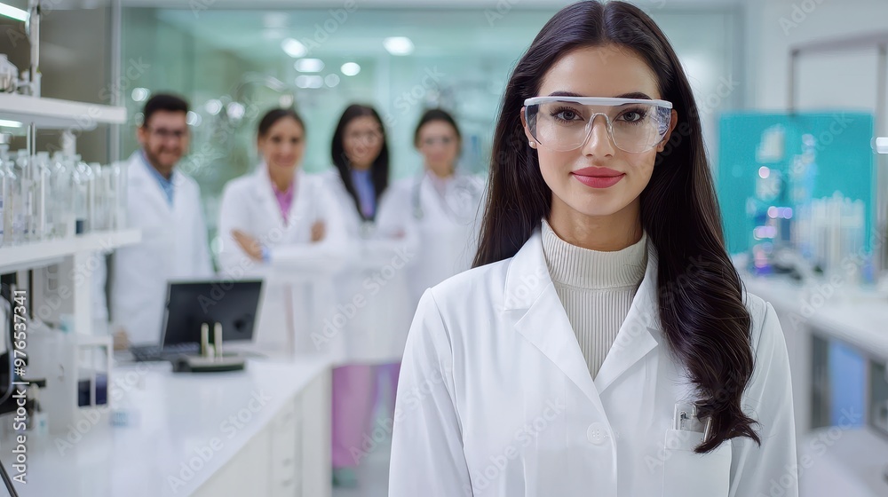 Fototapeta premium Confident Female Scientist in Lab Coat and Safety Glasses Looking at Camera