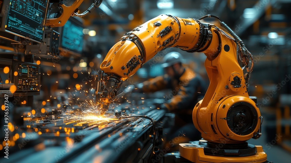 Efficient Industrial Robotic Welding on Assembly Line with Workman Monitoring - Modern Manufacturing Automation Scene Efficient Industrial Robotic Welding on Assembly Line with Workman Monitoring - Modern Manufacturing Automation Scene