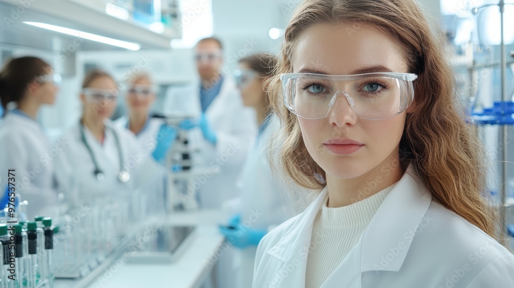 Female Scientist in Lab Coat Looking at Camera with Lab Equipment in Background Female Scientist in Lab Coat Looking at Camera with Lab Equipment in Background