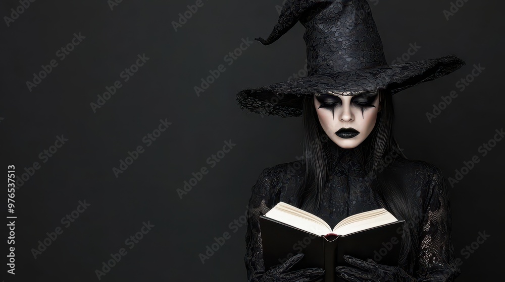Naklejka premium Mysterious Witch Reading Spell Book in Dark Background