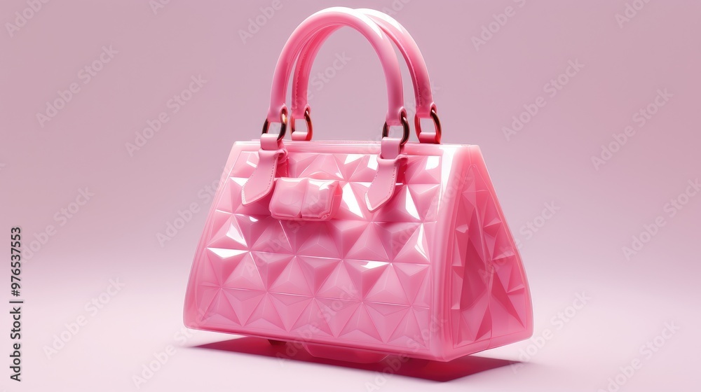 A pink handbag with a geometric design, angled on a pink background. A pink handbag with a geometric design, angled on a pink background.