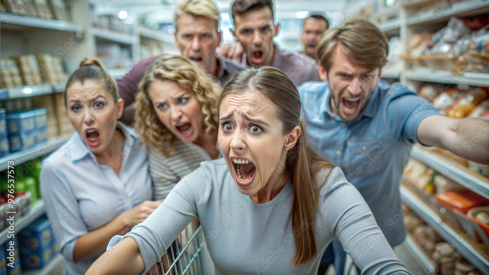 Group of excited shoppers yelling and racing in a supermarket aisle Group of excited shoppers yelling and racing in a supermarket aisle