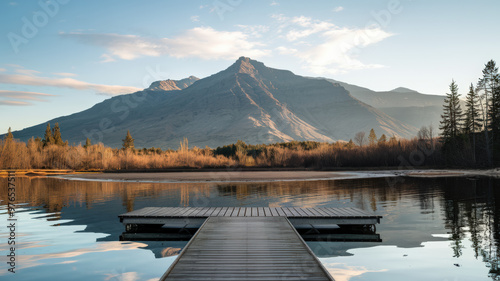 A photo of a serene landscape with a mountain range, a body of water, and a wooden dock. The mountain range has a few trees, and the body of water reflects the mountains and trees.