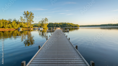 A photo of a long, wooden dock extending into a calm lake. The reflections of the trees, sky, and dock can be seen on the water. There are a few wooden posts along the dock and a few boats