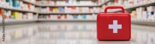 A red first aid kit positioned in a pharmacy aisle surrounded by various health products on shelves. photo