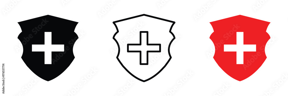 Naklejka premium Medical sign inside protection shield showing concept icon of health insurance, medical protection vector. Health shield icons. Health protection symbols in eps 10.