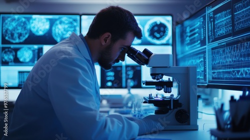 A scientist observes a sample under a microscope in a modern laboratory, focusing on research and analysis with advanced technology.