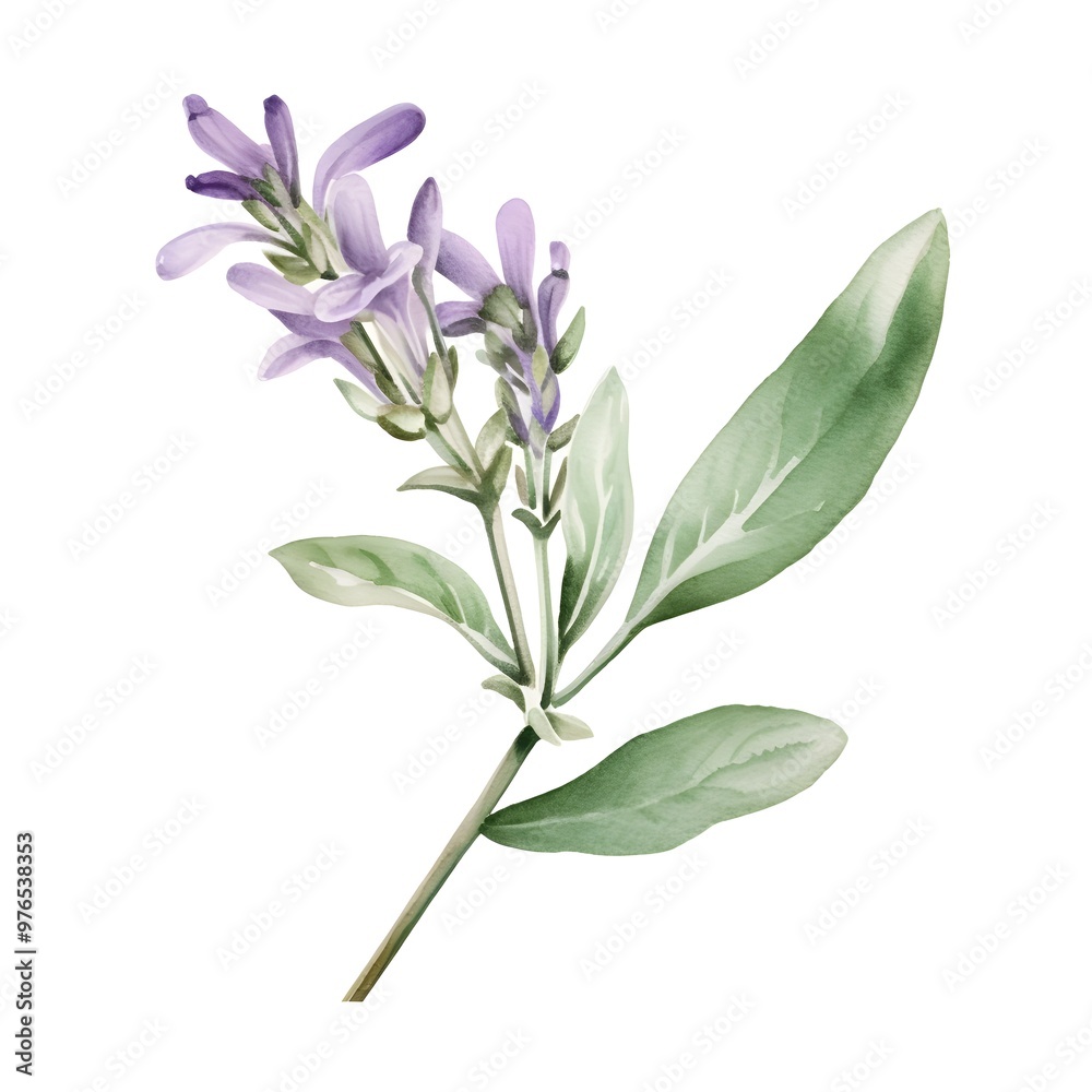 Watercolor of Aromatic Sage Flower with Green Leaves on White Background Watercolor of Aromatic Sage Flower with Green Leaves on White Background