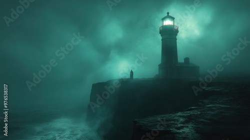 Eerie Haunted Lighthouse on Cliff with Ghostly Figure in Foggy Night - Spooky Halloween Scene by the Sea