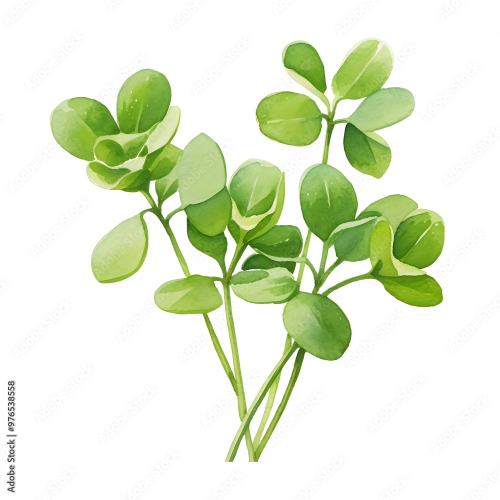 Watercolor Purslane Sprig on White Background Watercolor Purslane Sprig on White Background