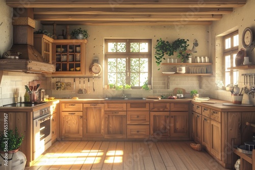 A kitchen with a cozy and inviting feel,  wooden cabinets