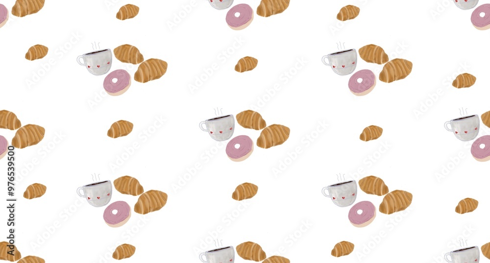 A seamless pattern featuring donuts, croissant and coffee cups. seamless pattern bakery and coffee cups A seamless pattern featuring donuts, croissant and coffee cups. seamless pattern bakery and coffee cups