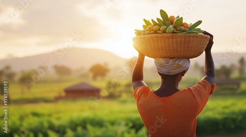 Fototapeta Naklejka Na Ścianę i Meble -  A woman carries a basket of fresh fruits while walking through a lush green field at sunset in a rural area.