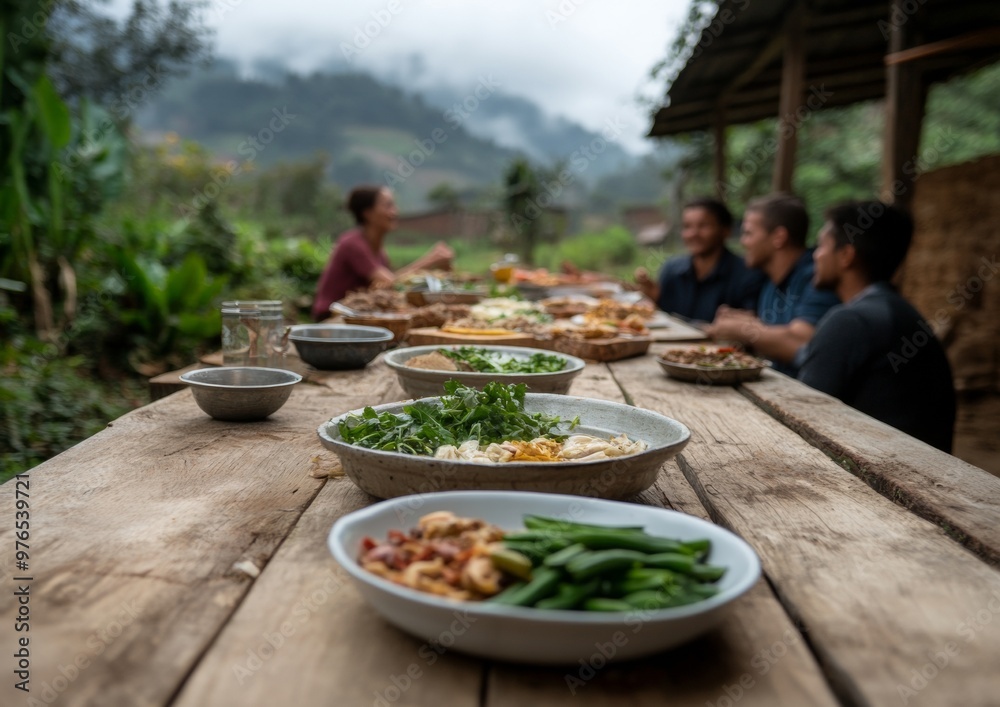 Rural Gathering Around a Wooden Table with Traditional Food and Conversation in Village Setting Rural Gathering Around a Wooden Table with Traditional Food and Conversation in Village Setting