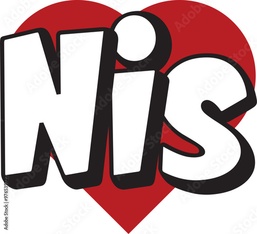 Nis city text design with red heart typographic icon design suitable for touristic promotion
