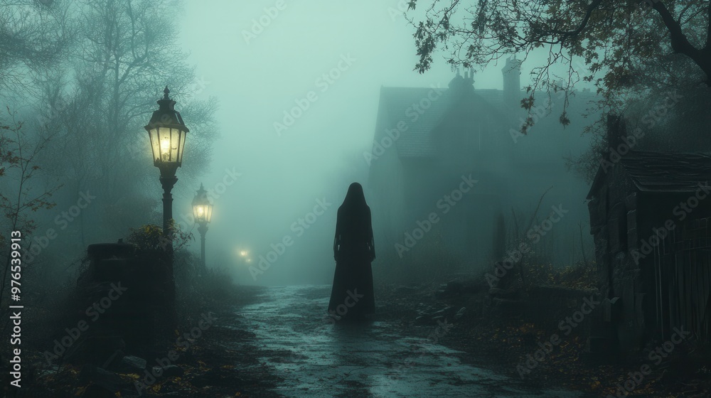 Haunting Presence on a Foggy Small Town Street - Eerie and Ghostly Atmosphere with Spectral Figure by Old Building Entrance at Night Haunting Presence on a Foggy Small Town Street - Eerie and Ghostly Atmosphere with Spectral Figure by Old Building Entrance at Night