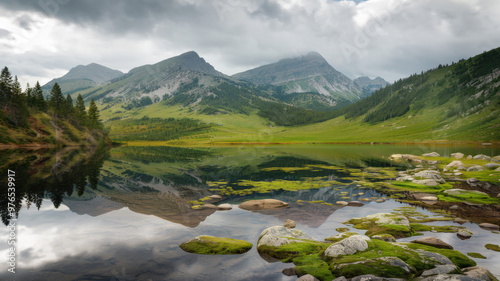 A photo of a serene landscape with a calm lake reflecting the surrounding mountains and trees. The sky is overcast, with a few clouds. The shoreline is rocky and covered with green moss.
