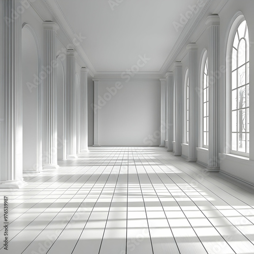 3D Illustration - Bright White Room with Columns and Sunlight