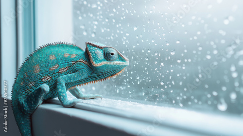 Cute iguana near the winter window photo