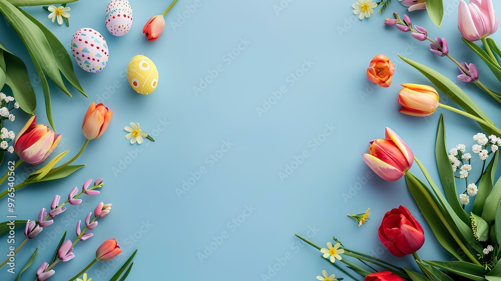 Fototapeta premium Happy Easter concept. Frame top border made of tulips spring flowers and colorful Easter eggs on light blue background.