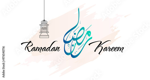 Ramadan Kareem Islamic Festifal Minimalism Decoration With Arabic Calligraphy and Lantern. Suitable for Islamic Greeting Card, Banner, Social Media Template and Others. photo