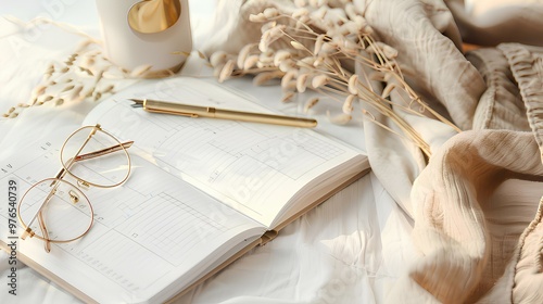 Home office desk table with weekly planner, pen, office stationery, glasses, beige cloth, dried flowers. Elegant, aesthetic feminine workspace.