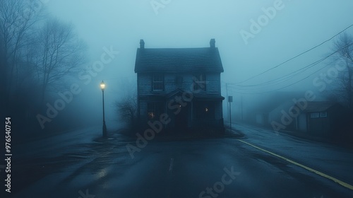 Fototapeta Naklejka Na Ścianę i Meble -  Haunting Presence: Ghostly Figure on Foggy Small Town Street at Night, Eerie and Mysterious Scene near Old Building Entrance