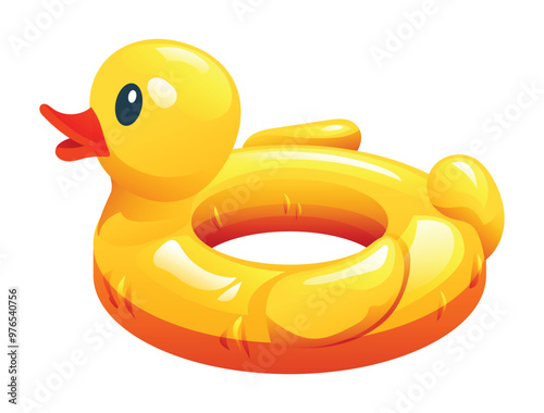 Yellow duck shaped inflatable swimming pool float. Vector cartoon illustration