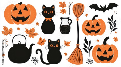 Halloween Clipart Set Pumpkins Cats Bats Leaves Broom Teapot Spiderweb