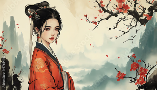 Unique ancient fairy插画 featuring a beautiful girl in Hanfu style with traditional Chinese ink painting style. photo