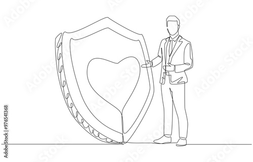 Continuous one line drawing of insurance agent holding out both hands to shield with heart symbol, offering health insurance concept, single line art.