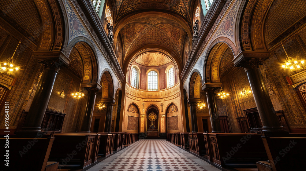 Obraz premium Majestic interior of an ornate cathedral with high ceilings, intricate designs, and soft ambient lighting.