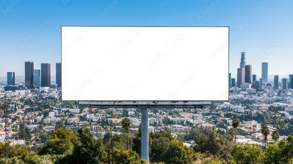 Blank Billboard Overlooking Cityscape with Skyscrapers Blank Billboard Overlooking Cityscape with Skyscrapers
