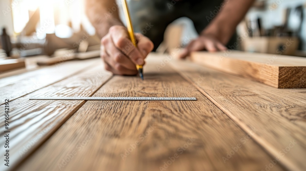 Carpenter Measuring Wood with Ruler and Pencil Carpenter Measuring Wood with Ruler and Pencil